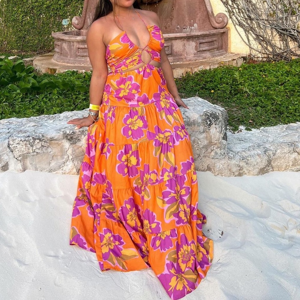 ORCHID MAXI DRESS RUNAWAY THE LABEL ORANGE FLORAL